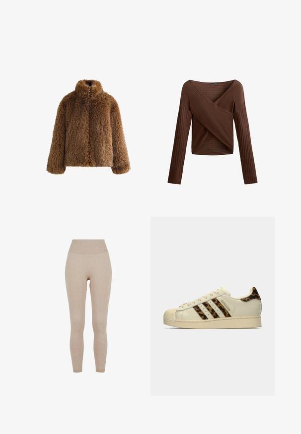 Brown faux fur jacket with a high collar and long sleeves. Dense texture, rounded shape, and a front closure detail.; Brown ribbed long-sleeve top with a crossover V-neck design, textured fabric, and fitted silhouette. Features long sleeves and a cropped length.; Beige ribbed leggings with a high waistband, made from a soft, stretchy fabric for comfort and ease of movement.; Off-white Adidas Superstar sneaker with leopard print stripes and heel tab, beige rubber shell toe, and "SUPERSTAR" text on the side.