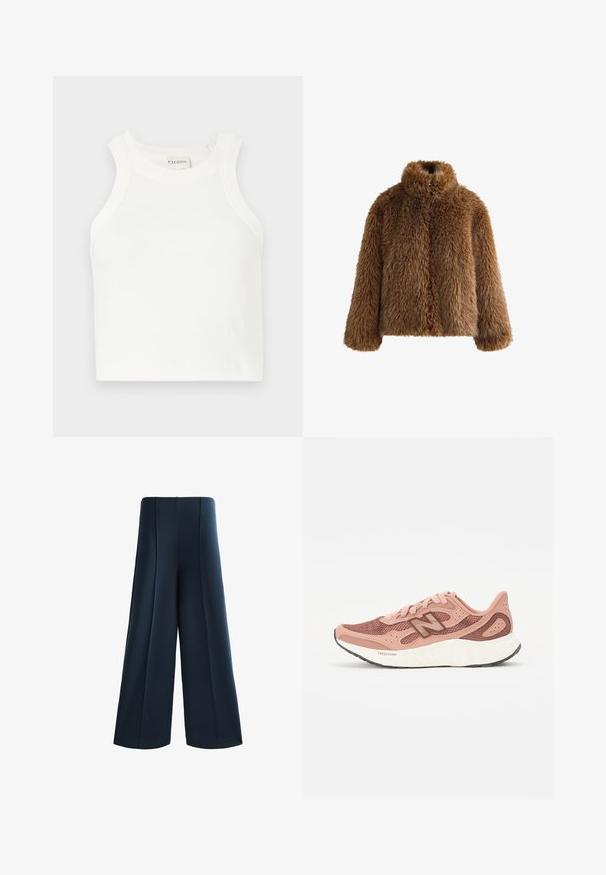 Brun fuskpälsjacka med hög krage och långa ärmar. Tät textur, rundad form och detalj med stängning framtill.; Vit ribbad linne med vida axelremmar och en figurnära silhuett. Har en liten präglad logotyp nära fållen.; Breda byxor i mörk marinblått tyg. Har hög midja, framfållningar och slät textur. Inga synliga fickor eller metalldetaljer.; Rosa löparsko med överdel av nät, med en texturerad design och bruna detaljer. Lätt sula med betydande dämpning.