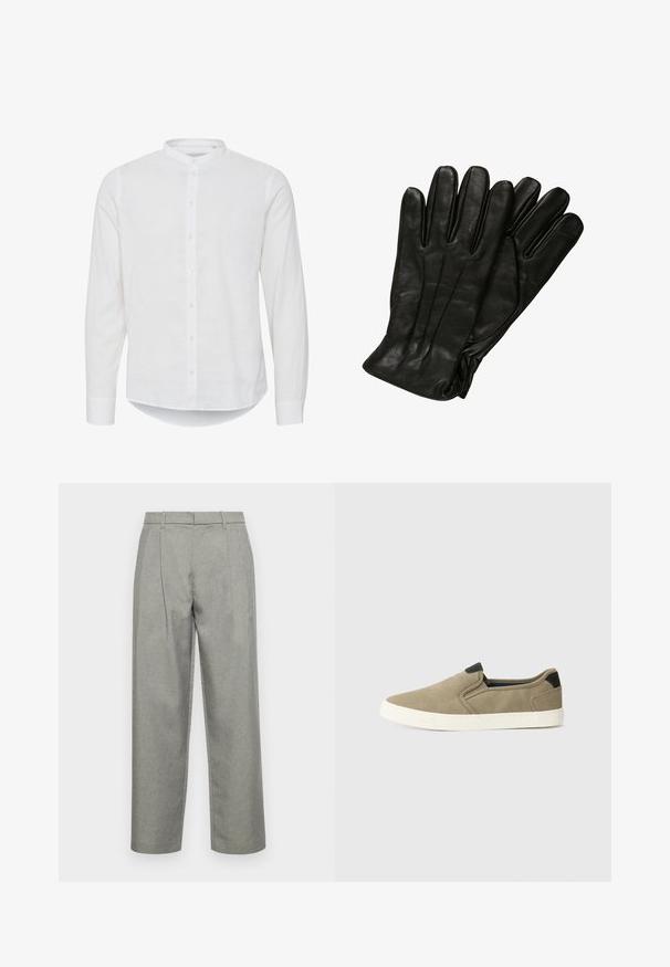 Cappotto in misto lana nero con colletto a crestina, chiusura a bottoni monopetto, due tasche frontali e foderato in satin.; Camicia bianca a maniche lunghe con colletto alla cinese, chiusura con bottoni e orlo leggermente curvo. Realizzata in tessuto di lino leggero.; Pantaloni grigi su misura realizzati in tessuto testurizzato, con un design a gamba dritta, pieghe frontali e una vita standard con passanti per cintura.; Scarpe slip-on color taupe con tomaia in tessuto texturizzato, accento sul tallone nero a contrasto e suola in gomma bianca. Design perforato per traspirabilità.; Guanti in pelle nera con una texture liscia, cinque dita e dettagli di cucitura sottili. Design classico, adatti per l'uso in clima freddo.