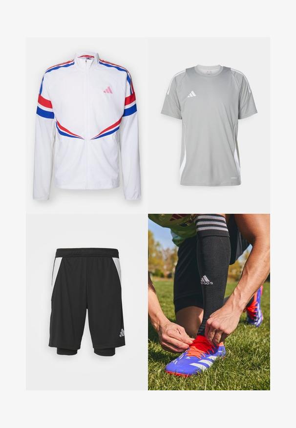Chaqueta blanca con cremallera, con franjas rojas y azules a lo largo de los hombros y los laterales. Presenta un logo rosa en el pecho y una tela texturizada.; Camiseta deportiva de color gris claro con mangas cortas, con detalles en blanco y un logo de Adidas en el lado izquierdo del pecho. Fabricada con material transpirable.; Bermudas deportivas negras con un tejido ligero, paneles laterales blancos, cintura elástica y un detalle del logo reflectante en la parte inferior izquierda.; Botín de fútbol azul y naranja con rayas blancas, siendo atado por una mano. Calcetines negros con rayas visibles por encima del tobillo. Fondo de césped verde.