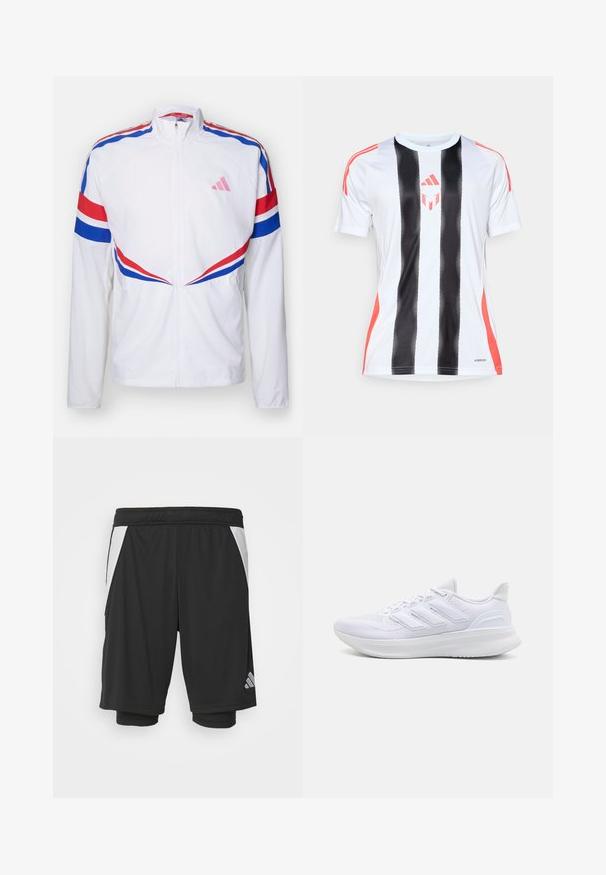 Weißer Zip-Jacket mit roten und blauen Streifen über den Schultern und an den Seiten. Verfügt über ein pinkes Logo auf der Brust und strukturierten Stoff.; Weißes Sporttrikot mit schwarzen vertikalen Streifen und roten Akzenten an den Schultern. Verfügt über die AeroReady-Technologie zur Feuchtigkeitsregulierung.; Schwarze Sportshorts aus leichtem Material, mit weißen Seitenpaneelen, elastischem Bund und einem reflektierenden Logodetail auf der unteren linken Seite.; Weiße Sportschuhe mit einem strukturierten Mesh-Obermaterial, einer stützenden gepolsterten Sohle und einem drei Streifen-Design an der Seite.