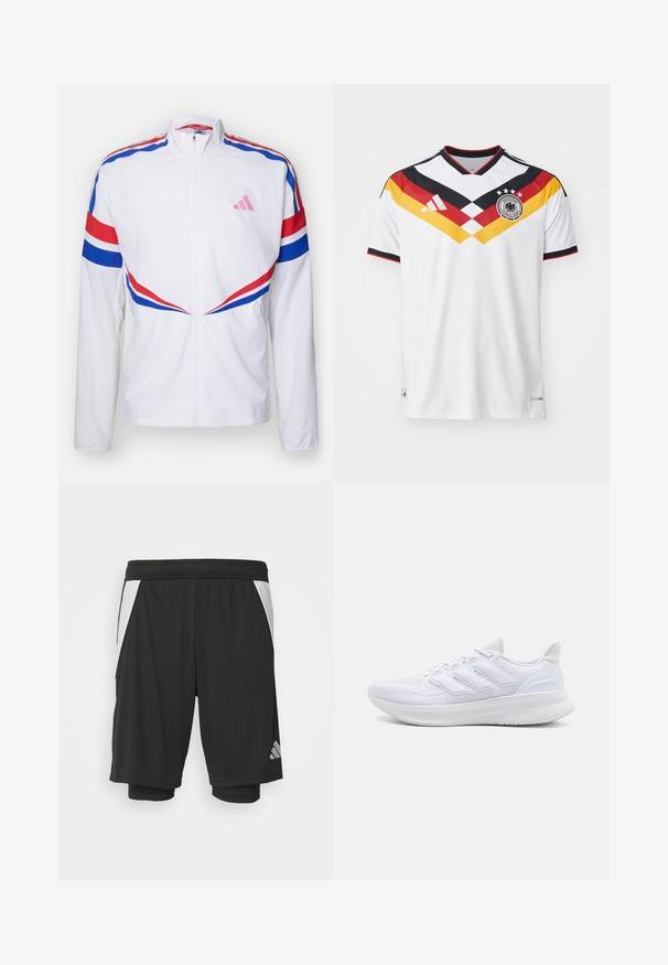 Weißer Zip-Jacket mit roten und blauen Streifen über den Schultern und an den Seiten. Verfügt über ein pinkes Logo auf der Brust und strukturierten Stoff.; Weißes Fußballtrikot mit V-Ausschnitt, das schwarze, rote und gelbe diagonale Streifen, ein Teamlogo und ein Texturmuster aufweist.; Schwarze Sportshorts aus leichtem Material, mit weißen Seitenpaneelen, elastischem Bund und einem reflektierenden Logodetail auf der unteren linken Seite.; Weiße Sportschuhe mit einem strukturierten Mesh-Obermaterial, einer stützenden gepolsterten Sohle und einem drei Streifen-Design an der Seite.
