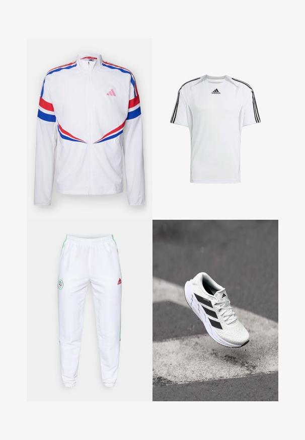 Witte zip-up jas met rode en blauwe stripes over de schouders en aan de zijkanten. Kenmerkt zich door een roze logo op de borst en een gestructureerde stof.; Witte sportieve t-shirt met korte mouwen en zwarte Adidas drie-strepen accenten op de schouders, gemaakt van gladde, lichte stof.; Witte sportbroek met elastische tailleband, groene zijstripes en rood Adidas-logo. Heeft een ronde geborduurde patch op de dij.; Witte sportschoen met een textuur van mesh, zwarte strepen, vetersluiting en een gevoerde zool, zwevend boven een gemarkeerd wegoppervlak.