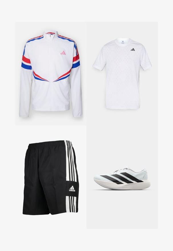 Giacca bianca con zip e strisce rosse e blu sulle spalle e sui lati. Presenta un logo rosa sul petto e un tessuto testurizzato.; Maglietta bianca a maniche corte con un sottile motivo a diamante, realizzata in tessuto leggero, con il logo adidas nero sul petto.; Pantaloni sportivi neri con vita elasticizzata, con tre strisce verticali bianche sui lati e il logo Adidas sulla parte bassa della gamba.; Scarpe da corsa leggere di colore azzurro pallido con strisce nere. Presentano una tomaia liscia, punta rotonda e un'ampia intersuola bianca etichettata "LIGHTSTRIKE PRO."