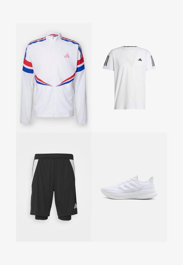 Weißer Zip-Jacket mit roten und blauen Streifen über den Schultern und an den Seiten. Verfügt über ein pinkes Logo auf der Brust und strukturierten Stoff.; Weißes T-Shirt mit kurzen Ärmeln aus atmungsaktivem Stoff, featuring ein schwarzes dreieckiges Logo und drei schwarze Streifen auf jeder Schulter.; Schwarze Sportshorts aus leichtem Material, mit weißen Seitenpaneelen, elastischem Bund und einem reflektierenden Logodetail auf der unteren linken Seite.; Weiße Sportschuhe mit einem strukturierten Mesh-Obermaterial, einer stützenden gepolsterten Sohle und einem drei Streifen-Design an der Seite.