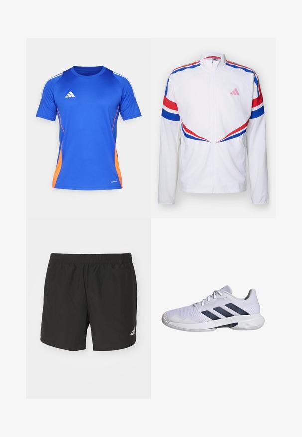 Biała kurtka na zamek z czerwonymi i niebieskimi paskami na ramionach i bokach. Posiada różowe logo na klatce piersiowej oraz teksturowany materiał.; adidas Performance TIRO24 niebieski; Czarne spodenki sportowe z elastycznym paskiem w talii, bocznymi rozcięciami i odblaskowymi akcentami logo. Wykonane z lekkiego, gładkiego materiału.; Białe buty sportowe z oddychającego meshu, granatowy wzór w trzy paski, teksturowana podeszwa oraz zaokrąglony czubek dla większej stabilności.