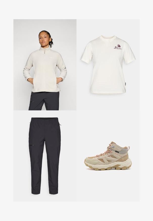 Ljusbeige fleecjacka med hög krage, hel dragkedja och sidofickor. Slät textur och enkel design med logotyp på bröstet.; Jack Wolfskin CADENA - T-shirt med print - white; Jack Wolfskin PRELIGHT TRAIL - Friluftsbyxor - black; Beige vandringskänga med mesh och mocka material. Har orange snören, texturerad ovandel och en robust sula för grepp.