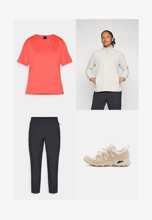 Svetlá béžová fleecová bunda s vysokým golierom, plným zipsom a bočnými vreckami. Hladká textúra a jednoduchý dizajn s logom na hrudi.; Korálové tričko s krátkym rukávom vyrobené z hladkého materiálu. Okrúhly výstrih, s malým čiernym logom na hrudi. Trochu voľný strih.; Jack Wolfskin PRELIGHT TRAIL - Outdoorové nohavice - black; Beige a krémová športová obuv s textúrovaným sieťovým zvrškom, podporujúcimi prekrytiami a gumovou podrážkou s dezénom pre trakciu.