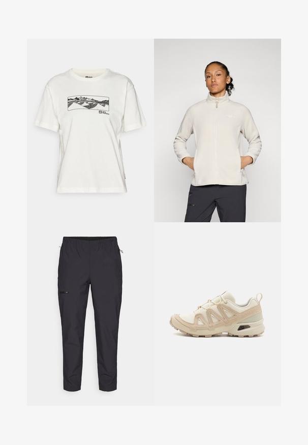 Light beige fleece jacket with a high collar, full zipper, and side pockets. Smooth texture and simple design with logo on the chest.; White cotton t-shirt featuring a black line graphic of mountains and hills across the chest, with a logo displayed on the lower side.; Jack Wolfskin PRELIGHT TRAIL - Outdoor trousers - black; Beige and cream athletic shoe with textured mesh upper, supportive overlays, and rubber outsole featuring a tread pattern for traction.