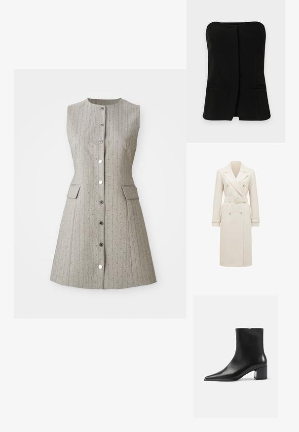 Dlhý krémový dvojradový trench kabát so širokými klopami, zodpovedajúcim opaskom, remienkami na manžetách a bočnými vreckami, vystavený na bielom pozadí.; Bezramienkov dress v sivej farbe s vertikálnymi pruhmi, okrúhlym výstrihom, predným zapínaním na gombíky, dvoma bočnými vreckami a priliehavým strihom.; Čierny bezrukávový top s rovnou výstrihom, predným zapínaním a dvoma skrytými bočnými vreckami. Hladká látka s prispôsobeným strihom.; Čierne kožené členkové topánky s špicatou špičkou, hladkou textúrou a stredným blokovým podpätkom. Minimalistický dizajn, zips na zadnej strane.