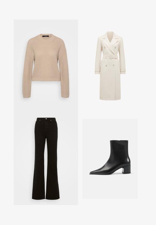 Kremno obarvan dolg dvojniki plašč z širokimi reverji, ustreznim pasom, zapirkami na manšetah in stranskimi žepi, prikazan na belem ozadju.; Bež pletena svetilka z okroglim izrezom, dolgimi rokavi in skrajšanim krojem. Teksturna tkanina ima subtilen rebrast vzorec.; Črne flare kavbojke z visokim pasom, izdelane iz denima, s gumbom za zapiranje, stranskimi žepi in gladko teksturo.; Črne usnjene gležnjarje s poudavljenim nosom, gladko teksturo in srednjim blokastim petom. Minimalistična zasnova, zadrga na hrbtni strani.