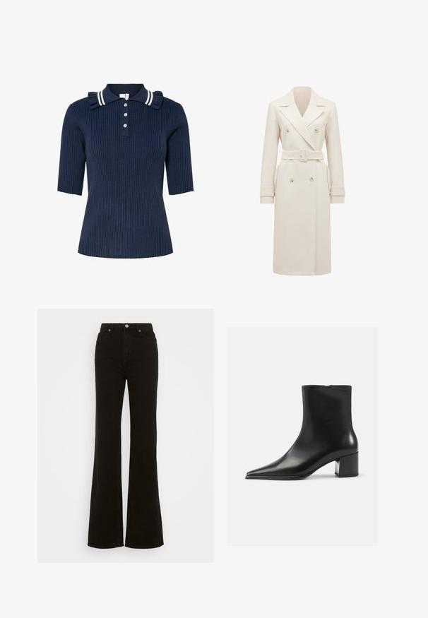 Kremo spalvos ilgas dvigubas švarkas su plačiais atlapais, derančiu diržu, rankogalių sagtimis ir šoninėmis kišenėmis, pristatytas baltame fone.; Tamsiai mėlynas raštuotas trumpomis rankovėmis polo marškinėliai su baltais dryžiais ant apykaklės, raukšlėmis ant pečių ir trimis mygtukais priekyje.; Juodos džinsinės kelnės su aukštu liemeniu, platėjančios, turinčios mygtuko užsegimą, šonines kišenes ir lygų paviršių.; Juodas odinis aulinukas iki kulkšnies su smailiu pirštu, lygiu paviršiumi ir vidutinio aukščio blokuotu kulnu. Minimalistinis dizainas, užtrauktukas gale.