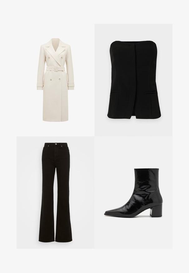 Trench coat lung cu dublă defilare, de culoare crem, cu rever larg, curea asortată, fâșii la mansete și buzunare laterale, expus pe un fundal alb.; Top negru, fără mâneci, cu decolteu drept, placket frontal și două buzunare laterale ascunse. Țesătură fină cu un design îmbrăcat.; Jeans negre cu talie înaltă, evazați, din denim, cu închidere prin buton, buzunare laterale și o textură netedă.; Botine negre din piele lacuită, cu vârf ascuțit, partea superioară structurată și toc gros. Prezintă o textură netedă și strălucitoare.