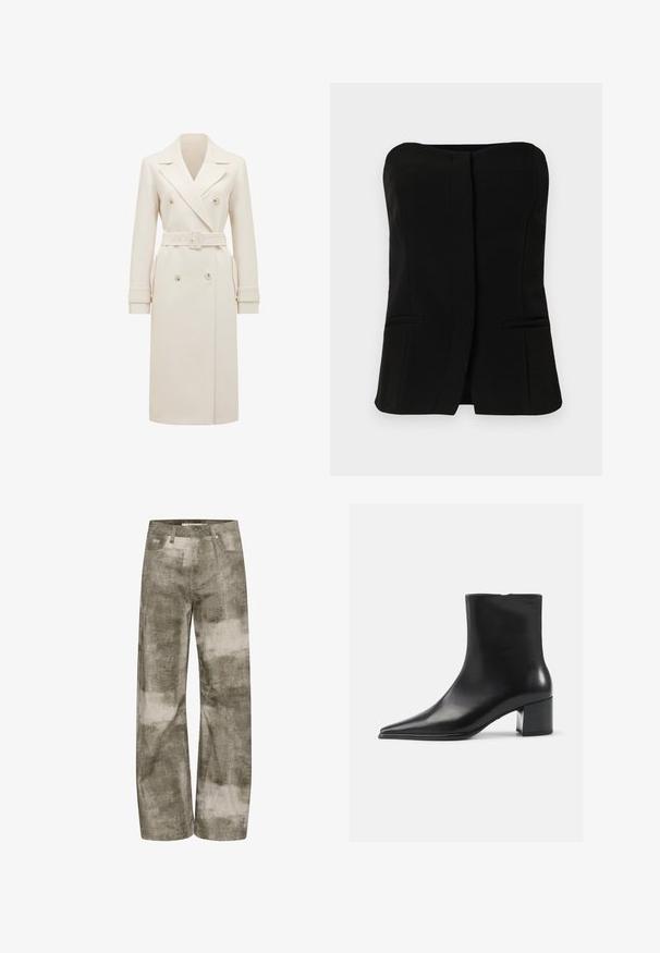 Kremowy długi płaszcz typu trencz z podwójnym zapięciem, szerokimi klapami, pasującym paskiem, mankietami z ruchomymi zapięciami oraz bocznymi kieszeniami, zaprezentowany na białym tle.; Czarny, bezrękawnikowy top o prostym dekolcie, z przednim zapięciem i dwoma ukrytymi kieszeniami po bokach. Gładki materiał o dopasowanym kroju.; Spodnie o szerokich nogawkach w wyblakłym oliwkowym kolorze z beżowymi abstrakcyjnymi wzorami. Posiadają klasyczny pięciopunktowy krój i metalowe akcenty.; Czarne skórzane botki za kostkę z wydłużonym noskiem, gładką fakturą i średnim obcasem w kształcie słupka. Minimalistyczny design, zamek błyskawiczny z tyłu.