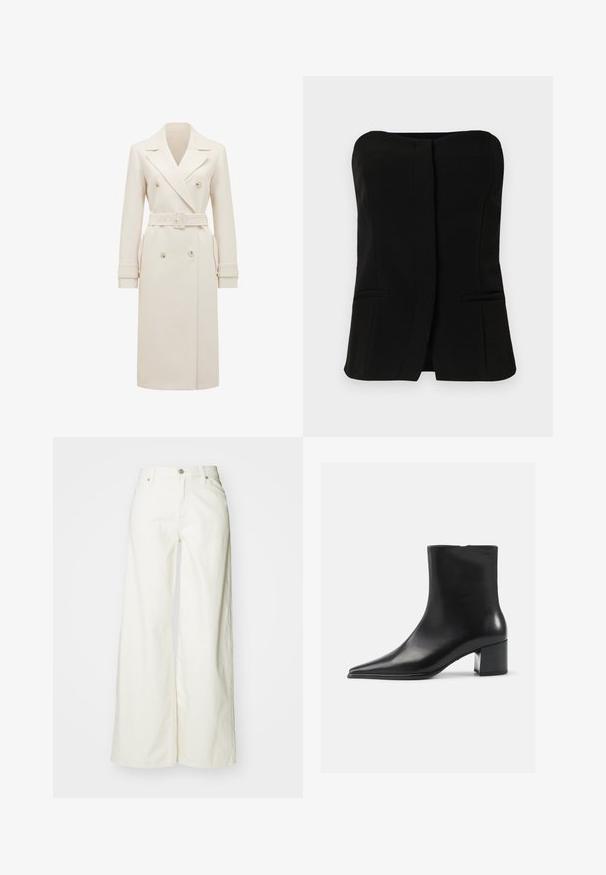 Abrigo trench de doble botonadura en color crema, con solapas anchas, cinturón a juego, correas en los puños y bolsillos laterales, exhibido sobre un fondo blanco.; Top negro sin mangas con escote recto, tapeta frontal y dos bolsillos laterales ocultos. Tejido suave con un diseño entallado.; Jean de mezclilla blancos de pierna ancha. Presentan una cintura alta, cierre frontal con botón y un diseño clásico de cinco bolsillos. Textura suave, sin patrones.; Bota negra de cuero hasta el tobillo con punta afilada, textura suave y tacón mediano. Diseño minimalista, cierre con cremallera en la parte posterior.