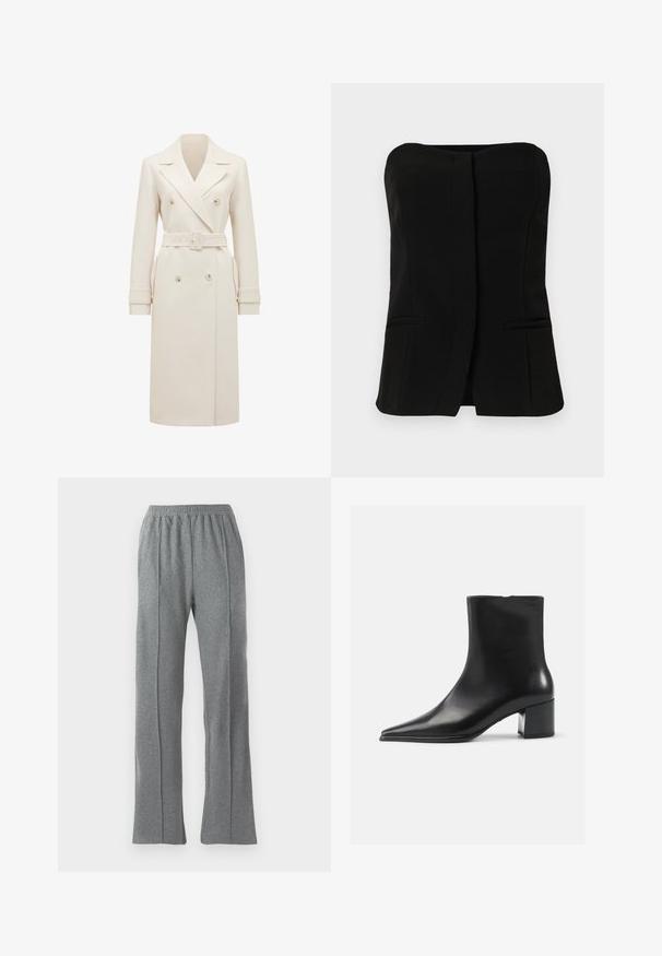 Trench-coat long en crème à double boutonnage avec larges revers, ceinture assortie, lanières aux poignets et poches latérales, présenté sur fond blanc.; Haut noir sans manches avec un décolleté droit, une patte de boutonnage sur le devant et deux poches latérales dissimulées. Tissu lisse avec une coupe ajustée.; Pantalons de survêtement gris avec une taille élastique, présentant une coupe droite et des détails de couture latérale subtils. Fabriqué à partir d'un tissu doux et texturé.; Bottine en cuir noir avec un bout pointu, texture lisse et un talon bloc moyen. Design minimaliste, fermeture éclair à l'arrière.