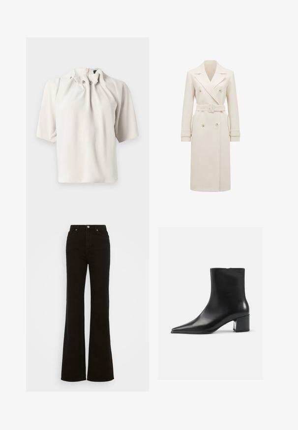 Crème-kleurige lange dubbelgebreide trenchcoat met brede revers, bijpassende riem, manchetbanden en zijzakken, weergegeven op een witte achtergrond.; Korte mouwen, lichtbeige blouse met een geplooide halslijn, voorzien van decoratieve knopen en een verborgen ritssluiting aan de achterkant. Gladde stoftextuur.; Hoge taille zwarte flared jeans van denim, met een knoopsluiting, zijzakken en een gladde textuur.; Zwarte leren enkellaars met een spitse neus, een soepele textuur en een middenblokhak. Minimalistisch ontwerp, ritssluiting aan de achterkant.