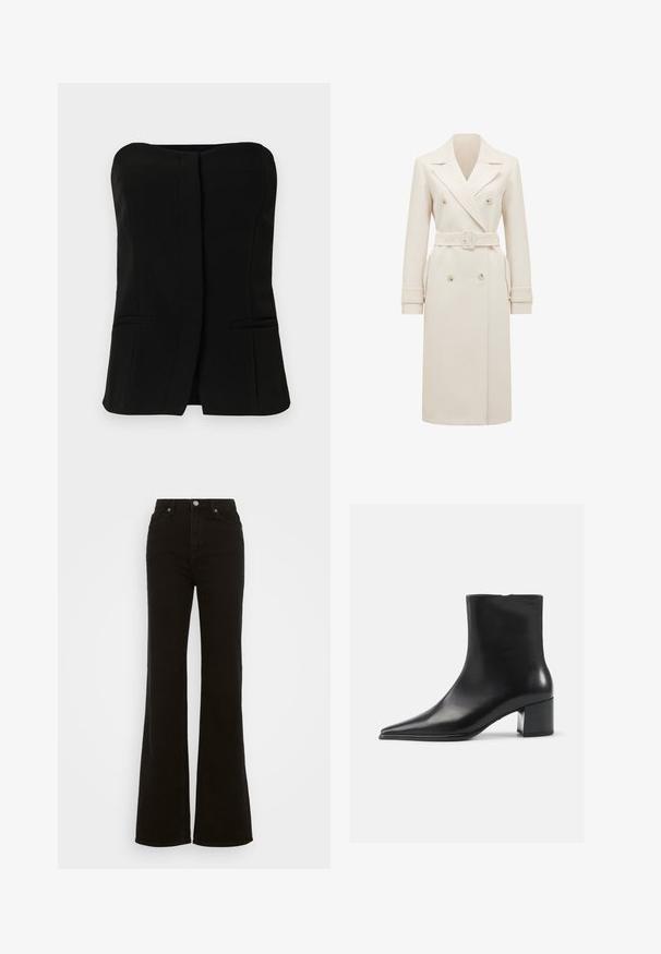 Cream-colored long double-breasted trench coat with wide lapels, matching belt, cuff straps, and side pockets, displayed on a white background.; Black, sleeveless top with a straight neckline, front placket, and two concealed side pockets. Smooth fabric with a tailored design.; High-waisted black flared jeans made of denim, featuring a button closure, side pockets, and a smooth texture.; Black leather ankle boot with a pointed toe, smooth texture, and a mid-block heel. Minimalist design, zipper closure at the back.
