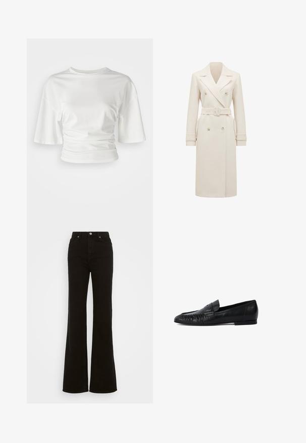 Kremowy długi płaszcz typu trencz z podwójnym zapięciem, szerokimi klapami, pasującym paskiem, mankietami z ruchomymi zapięciami oraz bocznymi kieszeniami, zaprezentowany na białym tle.; Biała koszula z krótkim rękawem, z okrągłym dekoltem i marszczeniami po bokach, uszyta z miękkiego materiału o gładkiej fakturze i nieco luźnym kroju.; Czarny, bezrękawnikowy top o prostym dekolcie, z przednim zapięciem i dwoma ukrytymi kieszeniami po bokach. Gładki materiał o dopasowanym kroju.; Czarne dżinsy z wysokim stanem i rozszerzanymi nogawkami, wykonane z denimu, z zapięciem na guzik, bocznymi kieszeniami oraz gładką fakturą.; Czarne skórzane mokasyny z zaokrąglonym noskiem, haftem z przodu i płaską podeszwą. Minimalistyczny design z subtelnym akcentem logo.