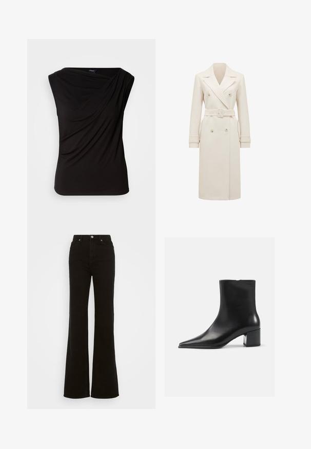 Krém színű, hosszú, dupla gombos esőkabát széles reverekkel, hozzáillő övvel, mandzsettákkal és oldalzsebekkel, fehér hátterem bemutatva.; Fekete ujjatlan felső, elöl redőzött anyaggal, puha tapintással és laza szabással. Nyújtható anyagból készült, sima felülettel.; Magas derekú fekete trapéz farmer, gombos záródással, oldalsó zsebekkel és sima textúrával.; Fekete bőr bokacsizma hegyes orral, sima felülettel és közepes blokk sarkal. Minimalista dizájn, hátsó cipzáras záródás.