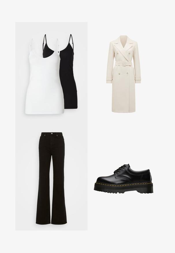 Krem boje dug sačinjeni dvostruki kaput s širokim reverima, odgovarajući pojas, naramenice na rukavima i bočnim džepovima, prikazan na bijeloj pozadini.; Dva ženska topa bez rukava: jedan bijeli i jedan crni, izrađeni od mekog materijala, s tankim naramenicama i dubokim V-izrezom.; Visoke crne široke traperice od denima, sa zakopčavanjem na dugme, bočnim džepovima i glatkom teksturom.; Crne kožne cipele na vezanje s debelim, nazubljenim crnim gumenim potplatom i žutim šavovima duž ruba, s glatkom završnom obradom.