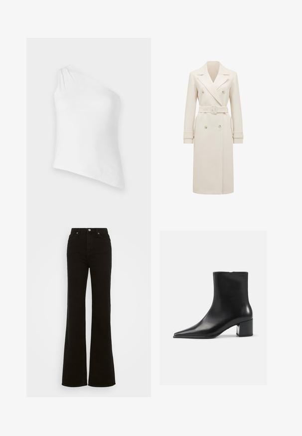 Kreemivärvi pikk mantli pikkus, kahekordse nööbistusega, laiade kraedega, sobiva vöödiga, käiste rihmadega ja küljetaskutega, esitledud valgel taustal.; Asümmeetriline valge topp, ühte õlga kattev disain, valmistatud siledast kangast. Omab õlal peent langevat detaili, vormi poolest hästiistuvat siluetti ja puhtat äärt.; Kõrge talje ja mustad laiad teksad, mis on valmistatud denimist, neil on nupuga sulgur, küljetaskud ja sile tekstuur.; Must letherist saapad terava varviga, siledast tekstuurist ja keskmise ploki kontsaga. Minimalistlik disain, lukk taga.