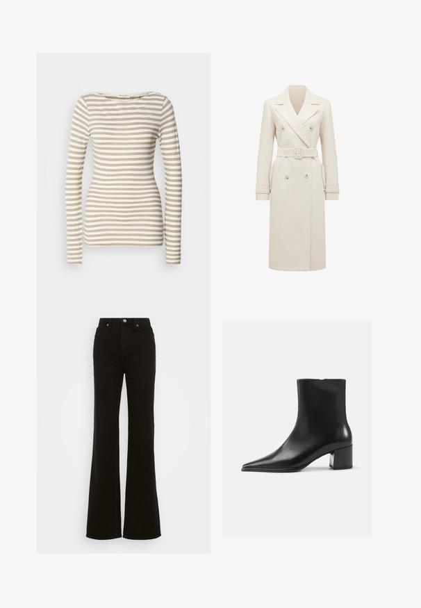 Abrigo trench de doble botonadura en color crema, con solapas anchas, cinturón a juego, correas en los puños y bolsillos laterales, exhibido sobre un fondo blanco.; Camiseta de manga larga a rayas en beige y blanco. Tela de algodón suave con escote barco. Diseño ajustado con rayas horizontales estrechas.; Vaqueros acampanados de tiro alto en negro, hechos de mezclilla, con cierre de botón, bolsillos laterales y una textura suave.; Bota negra de cuero hasta el tobillo con punta afilada, textura suave y tacón mediano. Diseño minimalista, cierre con cremallera en la parte posterior.