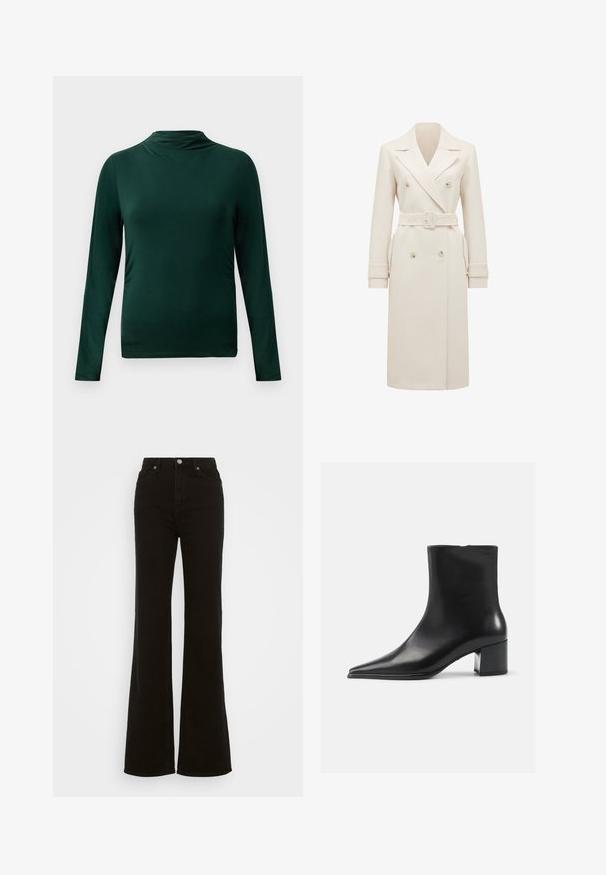 Crème-kleurige lange dubbelgebreide trenchcoat met brede revers, bijpassende riem, manchetbanden en zijzakken, weergegeven op een witte achtergrond.; Donker groene, lange mouw, lichtgewicht top met hoge hals en strakke pasvorm tegen een effen lichte achtergrond.; Hoge taille zwarte flared jeans van denim, met een knoopsluiting, zijzakken en een gladde textuur.; Zwarte leren enkellaars met een spitse neus, een soepele textuur en een middenblokhak. Minimalistisch ontwerp, ritssluiting aan de achterkant.