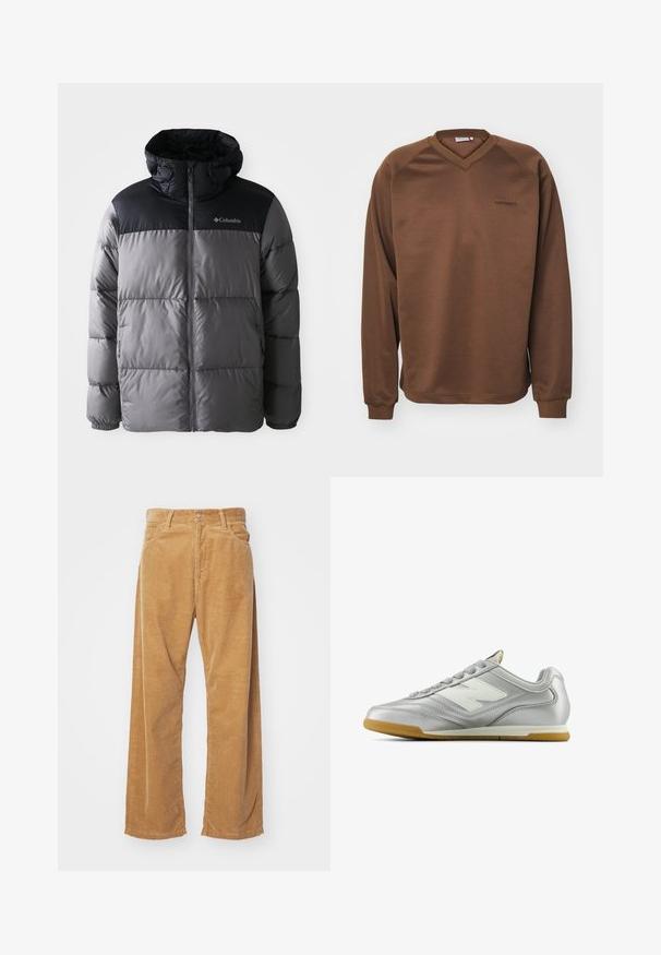 Puffer jacket in grey and black with a high collar, quilted design, zip front, adjustable hood, and Columbia logo on the chest.; Brown sweatshirt with a v-neck design, long raglan sleeves, and ribbed cuffs. Features a subtle embroidered logo at the chest. Smooth texture.; Corduroy wide-leg pants in a tan color. Features textured, vertical ridges, with a standard waistband and two front pockets.; Silver athletic shoe with a smooth, shiny surface, white logo on the side, textured gray laces, and a gum rubber sole.