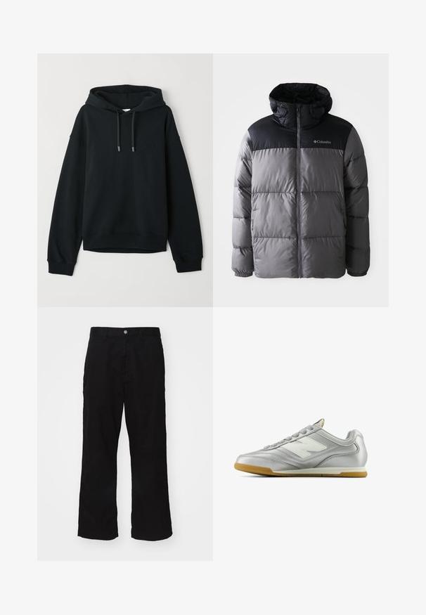 Giacca a vento in grigio e nero con colletto alto, design trapuntato, chiusura a zip frontale, cappuccio regolabile e logo Columbia sul petto.; Felpa nera realizzata in una morbida combinazione di cotone. Presenta un cappuccio con cordino, polsini e orlo a costine, con un logo discreto sul petto.; Pantaloni neri a gamba larga realizzati in tessuto misto cotone, con chiusura a bottone e taglio dritto con cuciture minime visibili.; Scarpa sportiva argentata con una superficie liscia e lucida, logo bianco di lato, lacci grigi con texture e suola in gomma.
