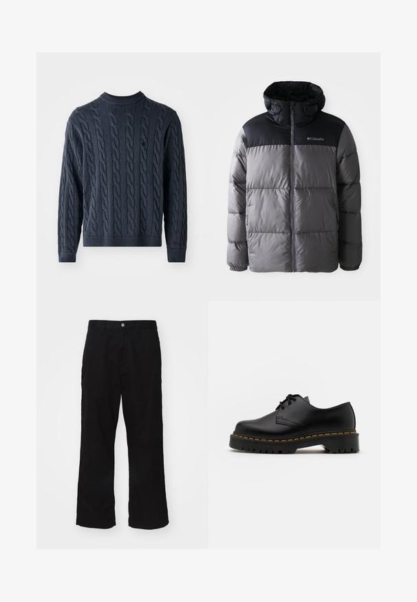 Pilota pūkų striukė pilkos ir juodos spalvos, su aukštu apykakle, siuvinėtu dizainu, su užtrauktuku priekyje, reguliuojama kapuce ir Columbia logotipu ant krūtinės.; Tamsiai mėlynas megztinis su dryžuotu raštu, apvalia kaklo anga ir raukšlėtomis rankogaliais bei apvadu. Pagamintas iš tekstūruotos medžiagos, suteikiančios šilumą.; Juodos plačios kojų kelnės, pagamintos iš medvilnės mišinio, su mygtukų uždarymu ir tiesiu kirpimu, turinčios minimaliai matomų siūlių.; Juoda odinė lakuota avalynė su apvaliu pirštu, tekstūruota gumine padu ir geltona siūlelių apdaila aplink bazę. Lygus dizainas ir glotnus paviršius.