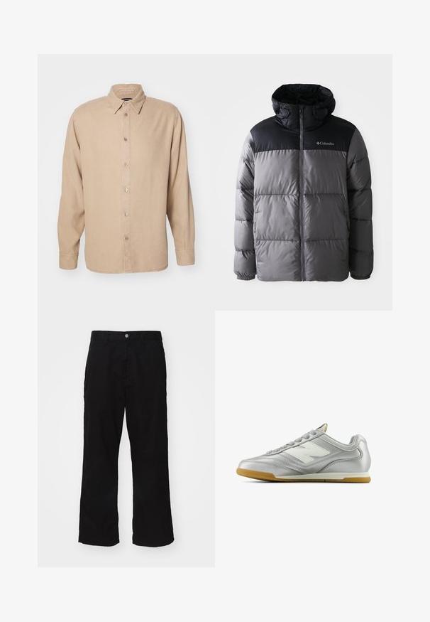 Pufferska jakna v sivi in črni barvi z visokim ovratnikom, prešito zasnovo, z zadrgo spredaj, nastavljivo kapuco in logotipom Columbia na prsih.; Bež srajca z dolgimi rokavi in ovratnikom na gumb. Narejena iz mehkega blaga, ima sprednjo gumbno zaponko in preproste šive.; Črne široke hlače iz mešanice bombaža, z zapiranjem na gumb in ravnim krojem ter minimalno vidnimi šivi.; Srebrna športna čevlja z gladko, sijočo površino, belim logotipom na strani, teksturiranimi sivo-špageti in gumijastim podplatom.