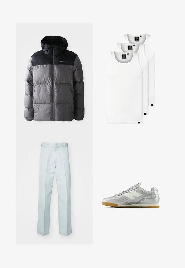 Szürke és fekete színű puffermellény, magas gallérral, steppelt dizájnnal, cipzáros előlappal, állítható kapucnival és Columbia logóval a mellkason.; Három fehér csíkos pamut trikó. Felső része kerek nyakkivágású, és a szegély közelében kis fekete címkék találhatók. Több méretben elérhető.; Világoskék pamut nadrág, egyenes lábbal, finom redőzésekkel és sima textúrával, standard derékpánttal befejezve.; Ezüst sportcipő sima, fényes felülettel, fehér logóval az oldalon, texturált szürke fűzőkkel és rágógumi talppal.
