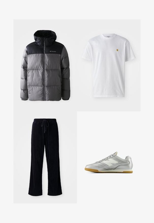 Grau und schwarz gepufferte Jacke mit hohem Kragen, gestepptem Design, Reißverschluss vorne, verstellbarer Kapuze und Columbia-Logo auf der Brust.; Weißes Baumwoll-T-Shirt mit kurzen Ärmeln, Rundhalsausschnitt, mit einem kleinen goldenen Logo im linken Brustbereich. Weicher Stoff und normale Passform.; Schwarze Cordhosen mit lockerer Passform, ausgestattet mit einem elastischen Bund und Zugkordel. Die Textur ist gerippt und der Stoff erscheint weich.; Silberner Sportschuh mit einer glatten, glänzenden Oberfläche, weißem Logo an der Seite, strukturierten grauen Schnürsenkeln und einer Sohle aus Gummi.