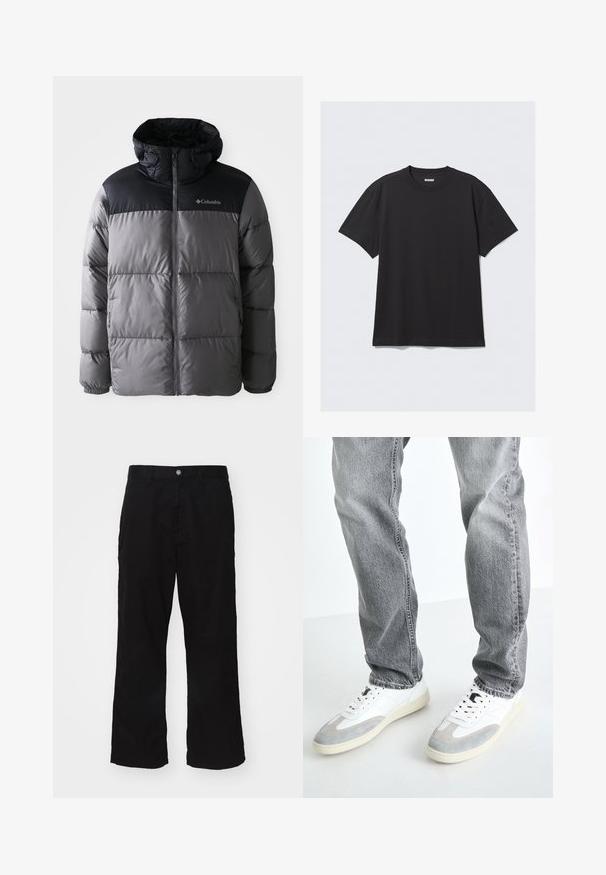 Szürke és fekete színű puffermellény, magas gallérral, steppelt dizájnnal, cipzáros előlappal, állítható kapucnival és Columbia logóval a mellkason.; Fekete, rövid ujjú póló, pamutból készült. Kerek nyakkivágással és laza szabással rendelkezik. Egyszerű dizájn, melyen nincsenek minták vagy díszítések.; Fekete, bő szárú nadrág, pamut keverék anyagból készült, gombos záródással és egyenes szabással, minimális látható varrással.; Fehér sportcipők szürke velúr kiegészítőkkel, fűzős zárással és texturált talppal, lazán illeszkedő szürke farmernadrággal párosítva.