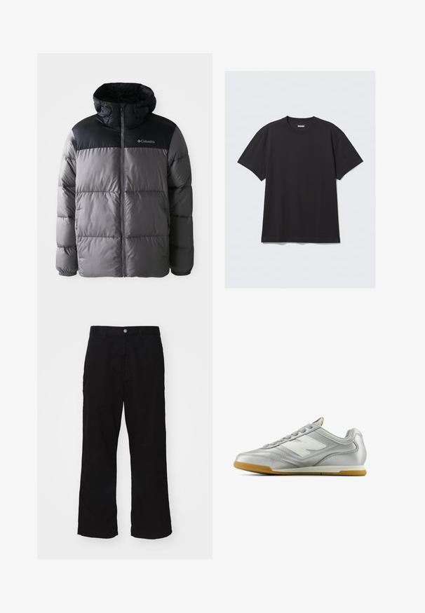 Puffatakki harmaassa ja mustassa värissä, jossa on korkea kaulus, tikattu muotoilu, vetoketju edessä, säädettävä huppu ja Columbia-logo rintakehässä.; Mustat lyhythihaiset t-paidat, jotka on valmistettu puuvillasta. Ominaisuuksiin kuuluu pyöreä kaula-aukko ja rento istuvuus. Yksinkertainen muotoilu ilman näkyviä kuvioita tai koristeita.; Mustat leveälahkeiset housut, jotka on valmistettu puuvillasekoitekankaasta. Housuissa on nappikiinnitys ja suora leikkaus, jossa näkyvät saumat ovat minimaaliset.; Hopea urheilukenkä, jolla on sileä, kiiltävä pinta, valkoinen logo sivussa, teksturoitu harmaa nauha ja kuminen pohja.