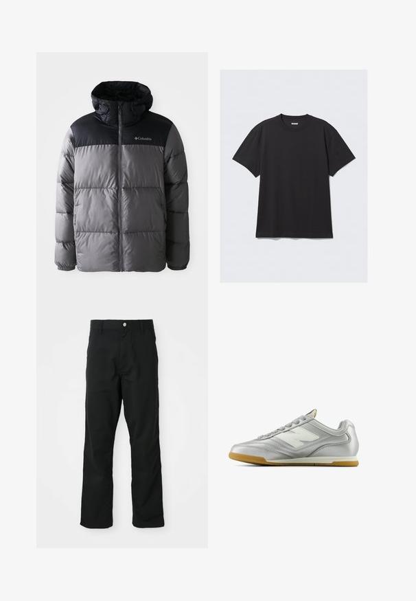 Jachetă puffer în gri și negru, cu guler înalt, design matlasat, fermoar frontal, glugă ajustabilă și logo Columbia pe piept.; Tricou negru cu mânecă scurtă, din bumbac. Are un decolteu tip crew și o croială lejeră. Design simplu, fără modele sau accente vizibile.; Pantaloni negri cu picioare drepte, cu închidere prin nasture și fermoar, bucle pentru curea și buzunare laterale, expuși pe un fundal alb.; Cămașă sport argintie cu o suprafață netedă și strălucitoare, logo alb pe lateral, șireturi texturate gri și talpă din cauciuc de gumă.