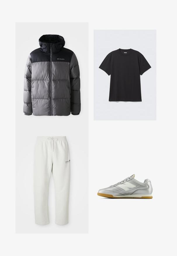 Grau und schwarz gepufferte Jacke mit hohem Kragen, gestepptem Design, Reißverschluss vorne, verstellbarer Kapuze und Columbia-Logo auf der Brust.; Schwarzes T-Shirt mit kurzen Ärmeln aus Baumwolle. Hat einen Rundhalsausschnitt und eine lockere Passform. Einfaches Design ohne sichtbare Muster oder Akzente.; Hellgraue Sweatpants aus weichem Stoff, mit einem elastischen Bund und Zugband sowie einem kleinen Logodetail am linken Oberschenkel.; Silberner Sportschuh mit einer glatten, glänzenden Oberfläche, weißem Logo an der Seite, strukturierten grauen Schnürsenkeln und einer Sohle aus Gummi.