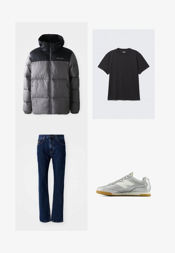 Puffer bunda v šedé a černé barvě s vysokým límcem, prošívaným designem, zipem vpředu, nastavitelnou kapucí a logem Columbia na hrudi.; Černé krátké tričko s krátkým rukávem vyrobené z bavlny. Má kulatý výstřih a volný střih. Jednoduchý design bez viditelných vzorů nebo akcentů.; Tmavé modré džínsy se rovnými nohavicemi, mají dvě přední kapsy a zapínání na knoflík. Jemné švy.; Stříbrná sportovní obuv s hladkým, lesklým povrchem, bílým logem na boku, texturovanými šedými tkaničkami a podešví z gumové pryže.