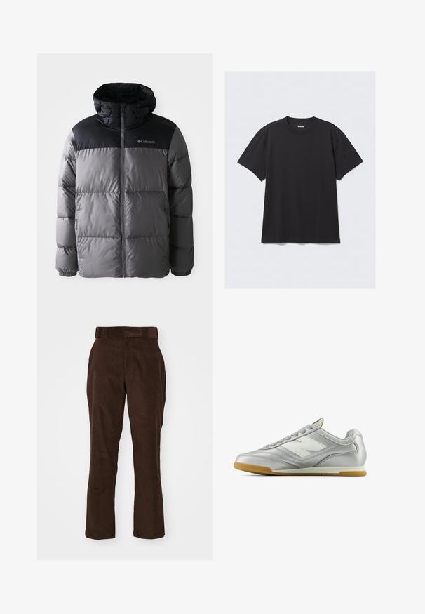 Puffer jacket in grey and black with a high collar, quilted design, zip front, adjustable hood, and Columbia logo on the chest.; Black short-sleeve t-shirt made of cotton. Features a crew neckline and a relaxed fit. Simple design with no patterns or accents visible.; Brown corduroy trousers with a straight-leg design, featuring a waistband, side pockets, and a soft, textured surface.; Silver athletic shoe with a smooth, shiny surface, white logo on the side, textured gray laces, and a gum rubber sole.