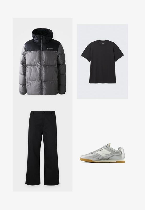 Doudoune grise et noire avec un col haut, un design matelassé, une fermeture éclair à l'avant, une capuche ajustable et le logo Columbia sur la poitrine.; T-shirt noir à manches courtes en coton. Il présente un col rond et une coupe décontractée. Design simple sans motifs ni accents visibles.; Pantalons larges noirs en tissu lisse. Caractéristiques d'une fermeture à boutons à l'avant et d'une taille standard. Design minimaliste, sans motifs visibles.; Chaussure de sport argentée avec une surface lisse et brillante, logo blanc sur le côté, lacets gris texturés et semelle en caoutchouc gomme.