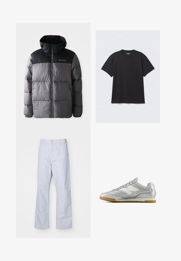 Grau und schwarz gepufferte Jacke mit hohem Kragen, gestepptem Design, Reißverschluss vorne, verstellbarer Kapuze und Columbia-Logo auf der Brust.; Schwarzes T-Shirt mit kurzen Ärmeln aus Baumwolle. Hat einen Rundhalsausschnitt und eine lockere Passform. Einfaches Design ohne sichtbare Muster oder Akzente.; Helleblaue, gerade geschnittene Hosen aus Baumwolle. Verfügt über eine Fronttasche, einen Reißverschluss und einen einzelnen Metallknopf am Bund.; Silberner Sportschuh mit einer glatten, glänzenden Oberfläche, weißem Logo an der Seite, strukturierten grauen Schnürsenkeln und einer Sohle aus Gummi.