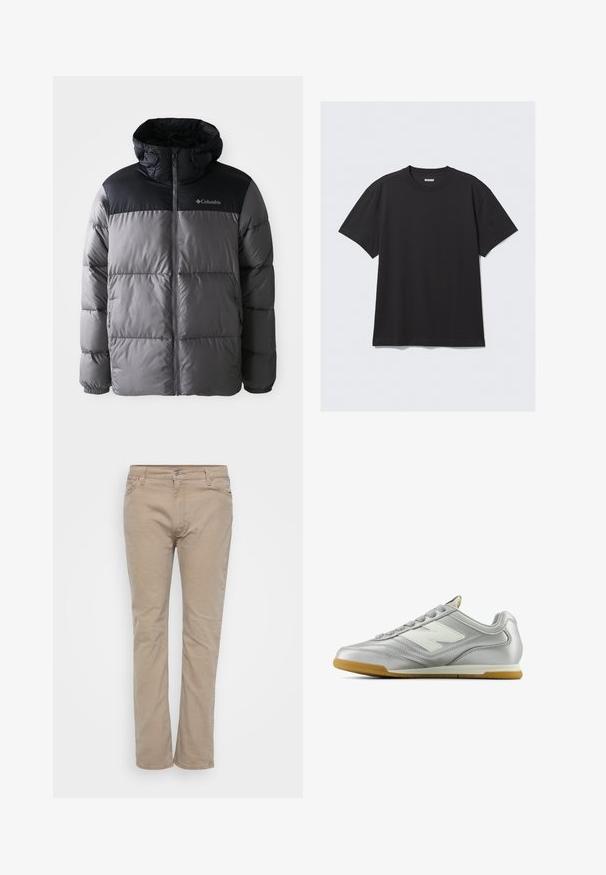 Puffjacka i grått och svart med hög krage, kviltat mönster, dragkedja framtill, justerbar huva och Columbia-logotyp på bröstet.; Svart t-shirt med korta ärmar, tillverkad av bomull. Har en rund halsringning och en avslappnad passform. Enkel design utan mönster eller synliga detaljer.; Beige bomullsbyxor med rak bendesign, med dragkedja, bältesöglor och subtila sömnadsdetaljer. Slät textur över hela byxan.; Silverfärgad träningssko med en slät, glänsande yta, vitt logotyp på sidan, strukturerade grå snören och en sula av gummigummi.