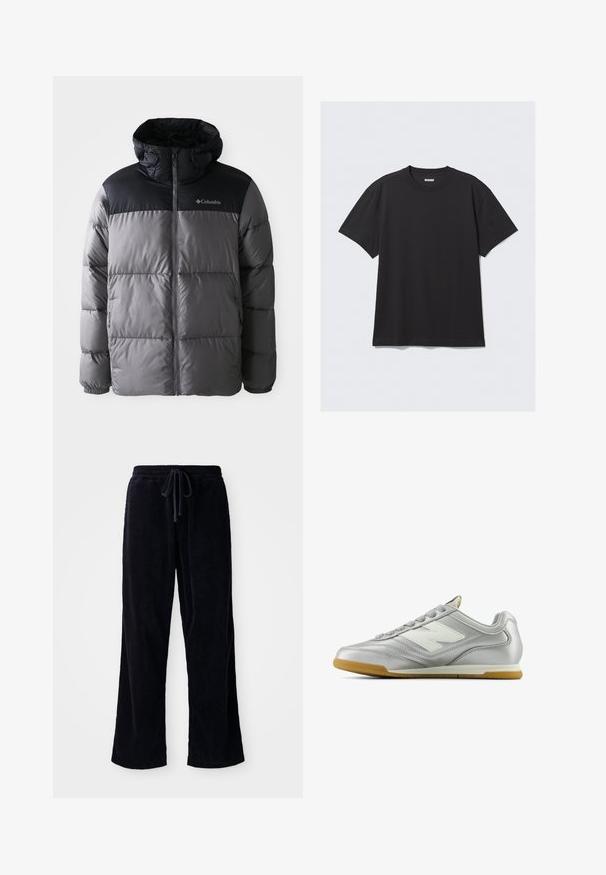 Grijze en zwarte pufferjack met een hoge kraag, doorgestikt ontwerp, ritssluiting aan de voorkant, een verstelbare capuchon en het Columbia-logo op de borst.; Zwarte korte mouwen T-shirt van katoen. Kenmerkt zich door een ronde halslijn en een ontspannen pasvorm. Eenvoudig ontwerp zonder zichtbare patronen of accenten.; Zwarte corduroy broek met een losse pasvorm, voorzien van een elastische tailleband en een trekkoord. De textuur is ribbelig en de stof lijkt zacht.; Zilveren sportschoen met een gladde, glanzende oppervlak, wit logo aan de zijkant, gestructureerde grijzige veters en een gumrubberen zool.