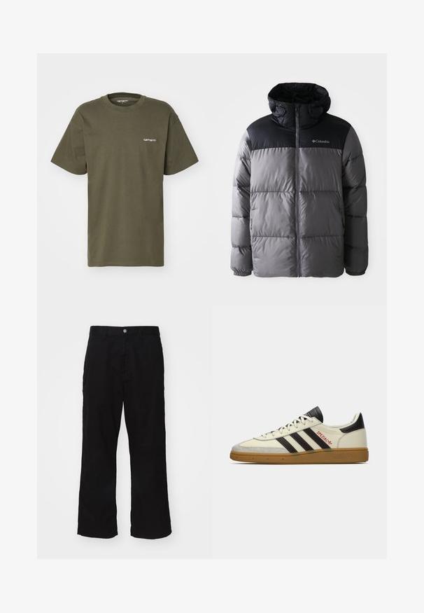 Puffatakki harmaassa ja mustassa värissä, jossa on korkea kaulus, tikattu muotoilu, vetoketju edessä, säädettävä huppu ja Columbia-logo rintakehässä.; Oliivinvihreä lyhythihainen t-paita, joka on valmistettu puuvillasta. Paidassa on pyöreä kaula-aukko ja vasemmassa rinnassa pieni valkoinen logo.; Mustat leveälahkeiset housut, jotka on valmistettu puuvillasekoitekankaasta. Housuissa on nappikiinnitys ja suora leikkaus, jossa näkyvät saumat ovat minimaaliset.; Kreemi ja mustad Adidas Spezial tossud, millel on kummist talla, mustad triibud, punane õmblus ja "Spezial" bränding küljel.