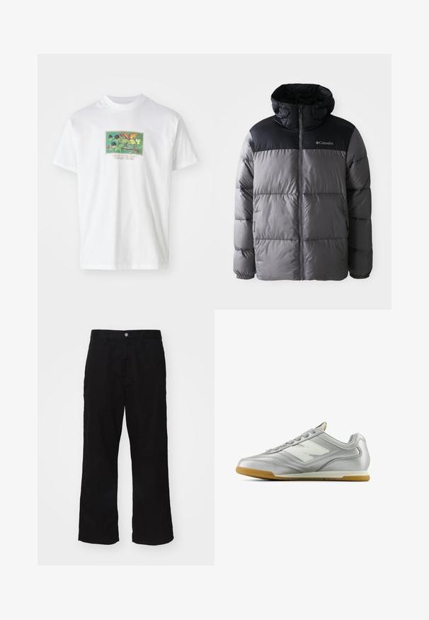 Puffer bunda v šedé a černé barvě s vysokým límcem, prošívaným designem, zipem vpředu, nastavitelnou kapucí a logem Columbia na hrudi.; Bílý bavlněný tričko s barevnou ilustrací rostlin a plodů. Text pod obrázkem zní "CREAM OF THE CROP CARHARTT WIP 1989."; Černé kalhoty s širokými nohavicemi vyrobené z bavlněné směsi, s knoflíkovým zapínáním a rovnými nohavicemi s minimálně viditelným švem.; Stříbrná sportovní obuv s hladkým, lesklým povrchem, bílým logem na boku, texturovanými šedými tkaničkami a podešví z gumové pryže.