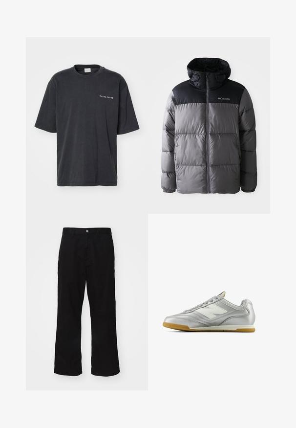 Puffer bunda v šedé a černé barvě s vysokým límcem, prošívaným designem, zipem vpředu, nastavitelnou kapucí a logem Columbia na hrudi.; Tmavě šedé bavlněné tričko s kulatým výstřihem a krátkými rukávy. Na levé části hrudi je vyšívaný text "FILLING PIECES" bílou barvou.; Černé kalhoty s širokými nohavicemi vyrobené z bavlněné směsi, s knoflíkovým zapínáním a rovnými nohavicemi s minimálně viditelným švem.; Stříbrná sportovní obuv s hladkým, lesklým povrchem, bílým logem na boku, texturovanými šedými tkaničkami a podešví z gumové pryže.