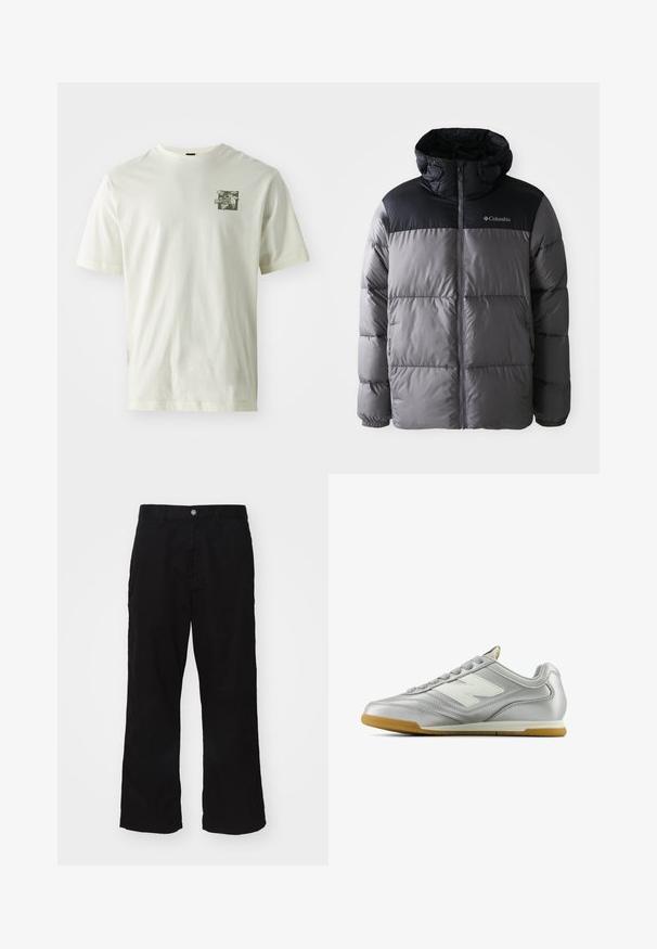 Puffer bunda v šedé a černé barvě s vysokým límcem, prošívaným designem, zipem vpředu, nastavitelnou kapucí a logem Columbia na hrudi.; Krémové bavlněné tričko s zeleným grafickým potiskem na levé hrudi, klasickým kulatým výstřihem a krátkými rukávy.; Černé kalhoty s širokými nohavicemi vyrobené z bavlněné směsi, s knoflíkovým zapínáním a rovnými nohavicemi s minimálně viditelným švem.; Stříbrná sportovní obuv s hladkým, lesklým povrchem, bílým logem na boku, texturovanými šedými tkaničkami a podešví z gumové pryže.