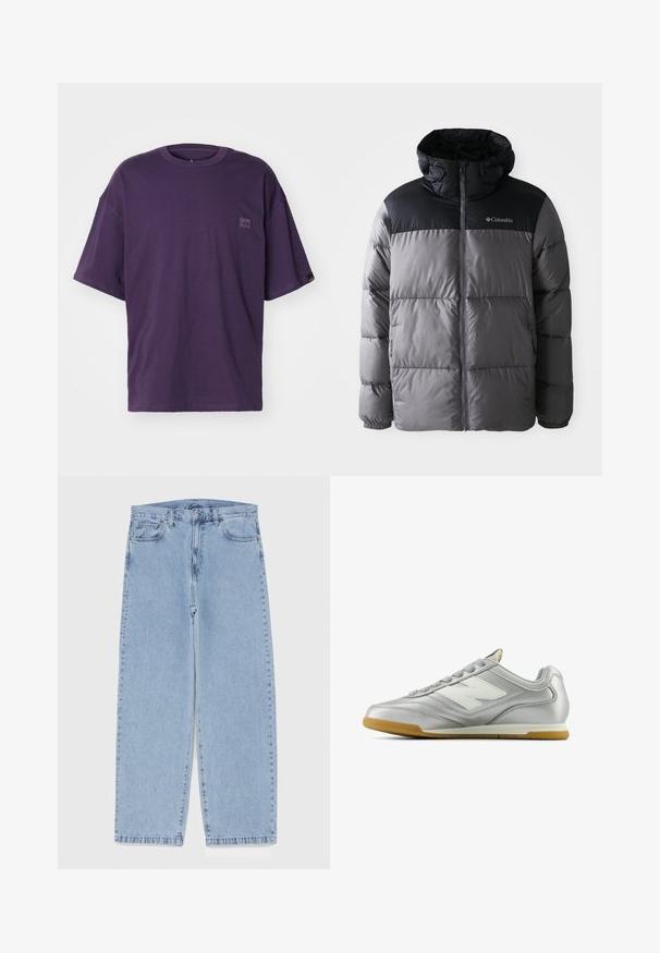 Puffer jacket in grey and black with a high collar, quilted design, zip front, adjustable hood, and Columbia logo on the chest.; Purple short-sleeve t-shirt in cotton with a crew neck, featuring a small logo patch on the left chest and a side tag detail.; Light blue denim jeans with straight leg design, featuring a mid-rise waist, five pockets, and a button and zipper closure.; Silver athletic shoe with a smooth, shiny surface, white logo on the side, textured gray laces, and a gum rubber sole.
