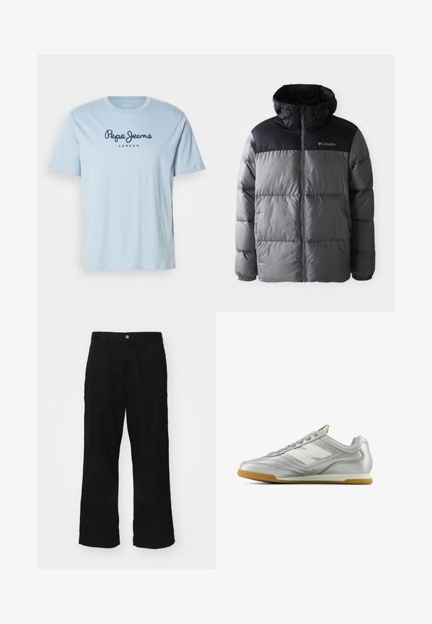 Puffer bunda v šedé a černé barvě s vysokým límcem, prošívaným designem, zipem vpředu, nastavitelnou kapucí a logem Columbia na hrudi.; Světle modré bavlněné tričko s krátkým rukávem, s tmavě modrým logem "Pepe Jeans" a červeným textem "LONDON" přes hruď.; Černé kalhoty s širokými nohavicemi vyrobené z bavlněné směsi, s knoflíkovým zapínáním a rovnými nohavicemi s minimálně viditelným švem.; Stříbrná sportovní obuv s hladkým, lesklým povrchem, bílým logem na boku, texturovanými šedými tkaničkami a podešví z gumové pryže.